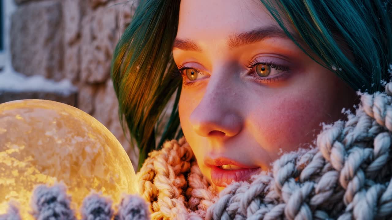 Young woman with turquoise hair and a thick knitted scarf holds a glowing sphere, creating a warm and magical atmosphere in a snowy winter setting