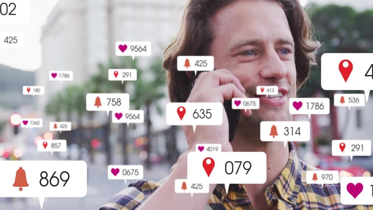 уведомления в социальных сетях анимация над человеком, разговаривающим на смартфоне на открытом воздухе