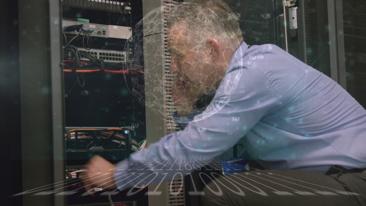 Animation von Datenverarbeitung über einem Geschäftsmann in einem Serverraum
