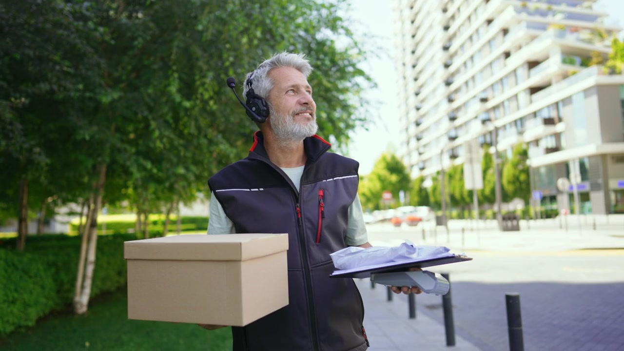 Corriere della consegna con pacco e portablocco in ambiente urbano