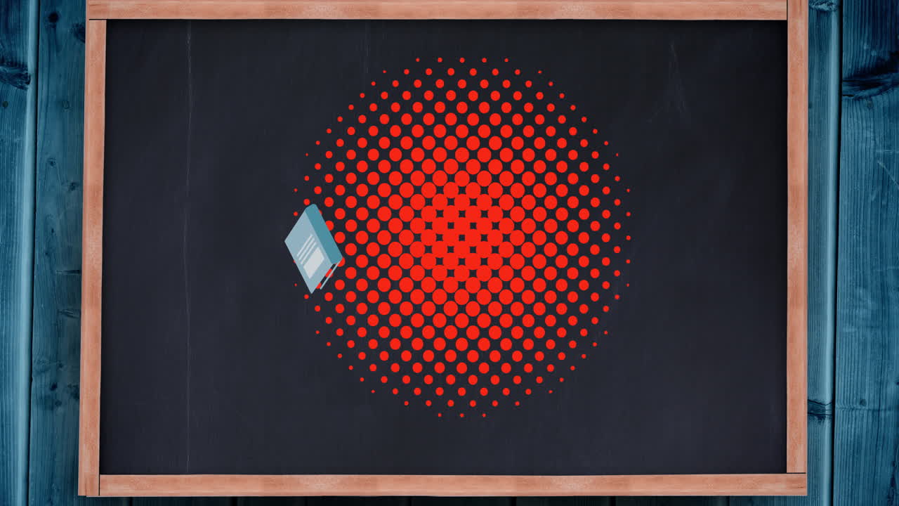 Animation of notebook and calculator bouncing on red dots over chalkboard