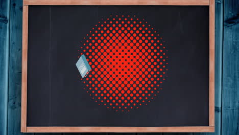 animación de cuaderno y calculadora rebotando en puntos rojos sobre la pizarra
