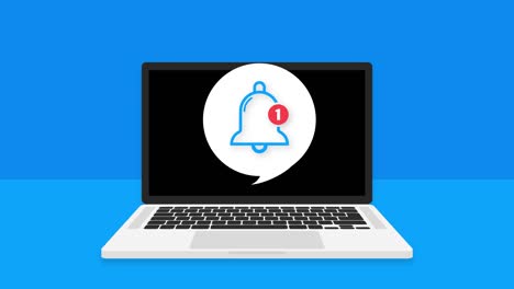 flat template with bell alert and laptop on blue background for mobile app design. application interface. comment sign symbol. motion graphics.