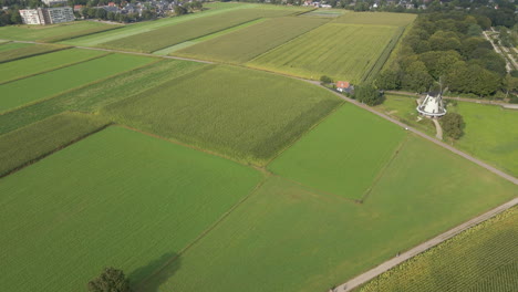 Antenne-Der-Ländlichen-Landschaft-Mit-Menschen,-Die-über-Den-Weg-Gehen,-Und-Eine-Sich-Drehende-Windmühle