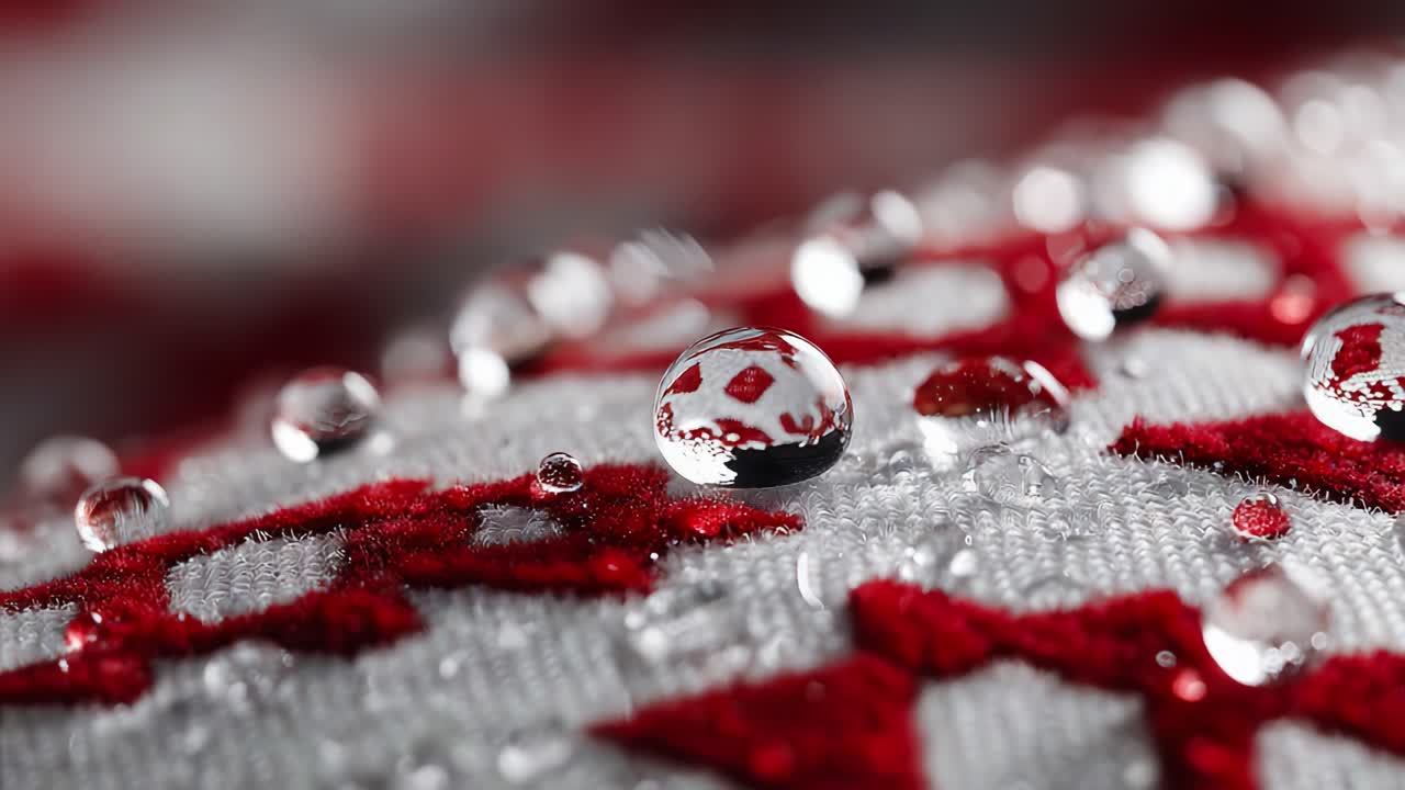 Primo piano di goccioline d'acqua su un elaborato ricamo rosso che mostra i dettagli della texture del tessuto e il riflesso nella macro fotografia