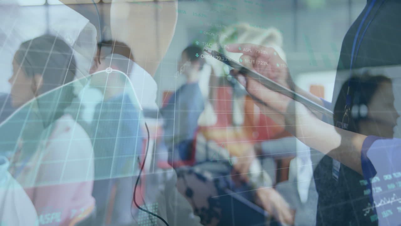 Analyzing financial data and graphs, diverse team in business meeting discussing