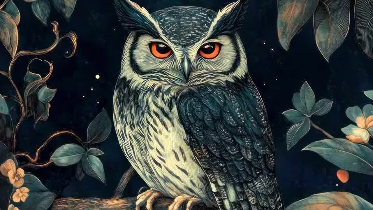 Illustrated owl with vivid eyes perched on a branch, surrounded by leaves