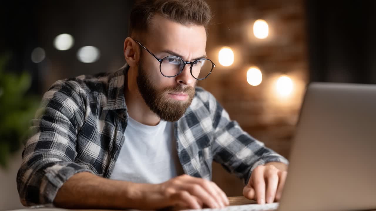Focused and Intense Male Working on Laptop Amidst Dim Lighting, Capturing the Essence of Concentration and Digital Engagement in a Cozy Atmosphere