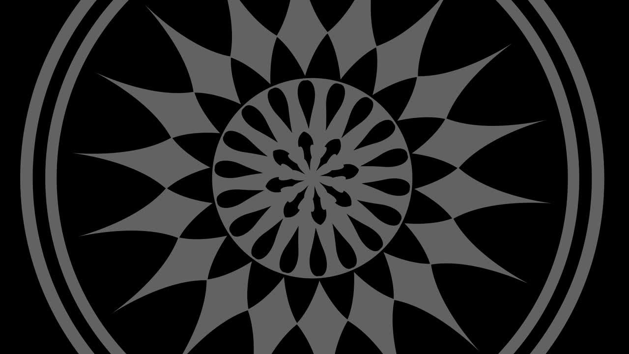 dibujo gráfico en blanco y negro con efecto estroboscópico e hipnótico, mientras gira en el sentido de las agujas del reloj y aumenta de tamaño.