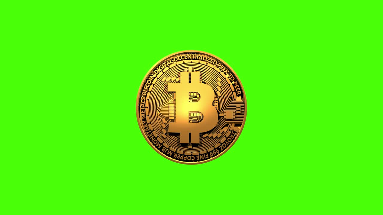 Cryptocurrency gold coin with bitcoin symbol on the obverse, isolated on green background. Rotating golden metal coin seamless looping 3d animation. Blockchain technology. 4k video graphic animation