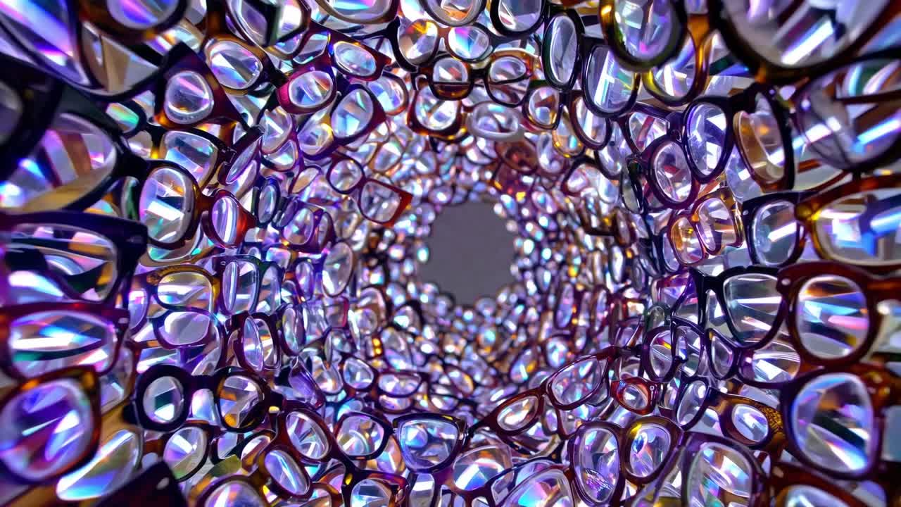 Abstract visual sequence showcasing a mesmerizing tunnel of colorful glass reflections, illustrating the dynamic interplay of light and texture in a captivating motion flow