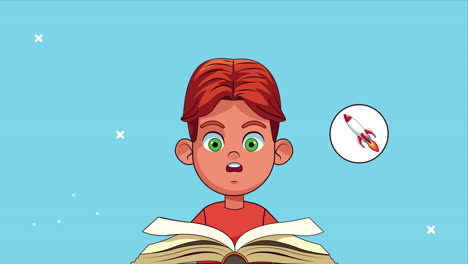 niño estudiante leyendo un libro con iconos de fantasía establecidos