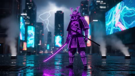a futuristic samurai stands tall in a neon-lit rainy cityscape, enhancing the blend of traditional warrior spirit with modern digital aesthetics
