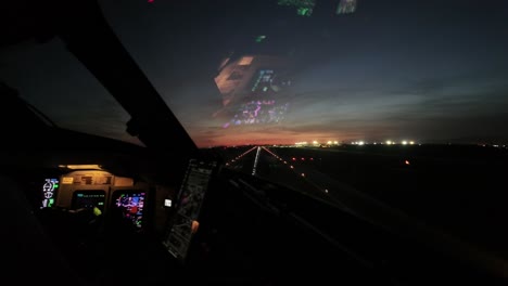 Unique-Pilot-POV-real-time-night-landing,-illuminated-runway-ahead