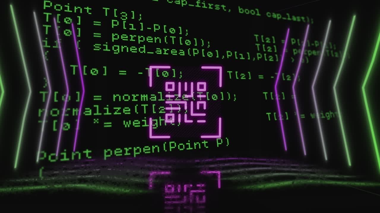 Animation der Datenverarbeitung über einem neonpinken QR-Code-Scanner vor schwarzem Hintergrund.