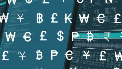 animation of multiple currency symbols moving over data processing against blue background