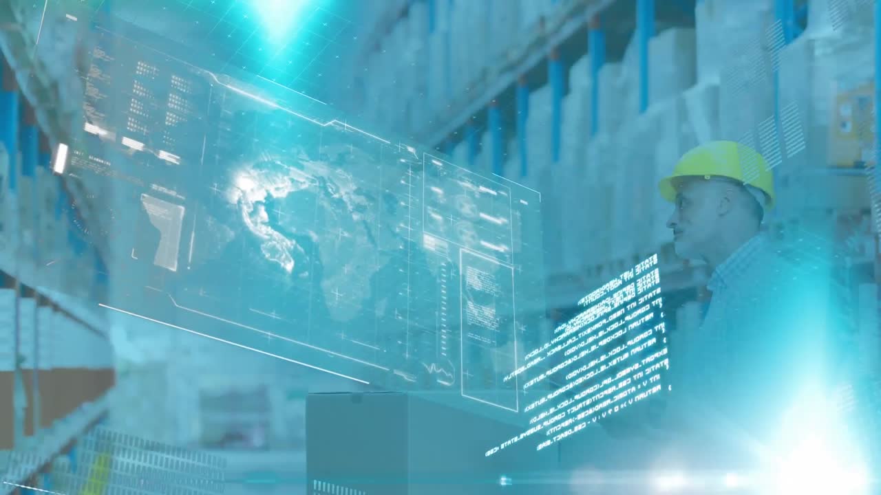 창고에서 디지털 태블릿을 사용하여 고위 남성 감독자에 대한 데이터 처리