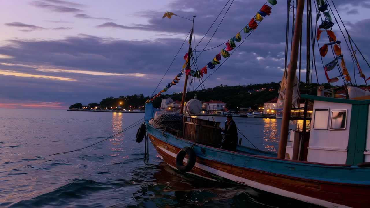 일몰 낚시 보트