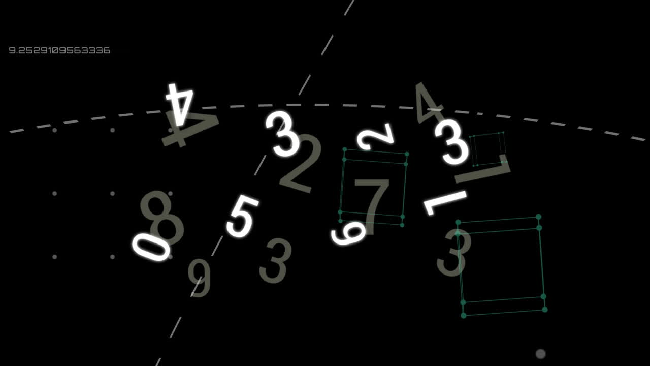 Animation of floating numbers over scientific data processing on black background