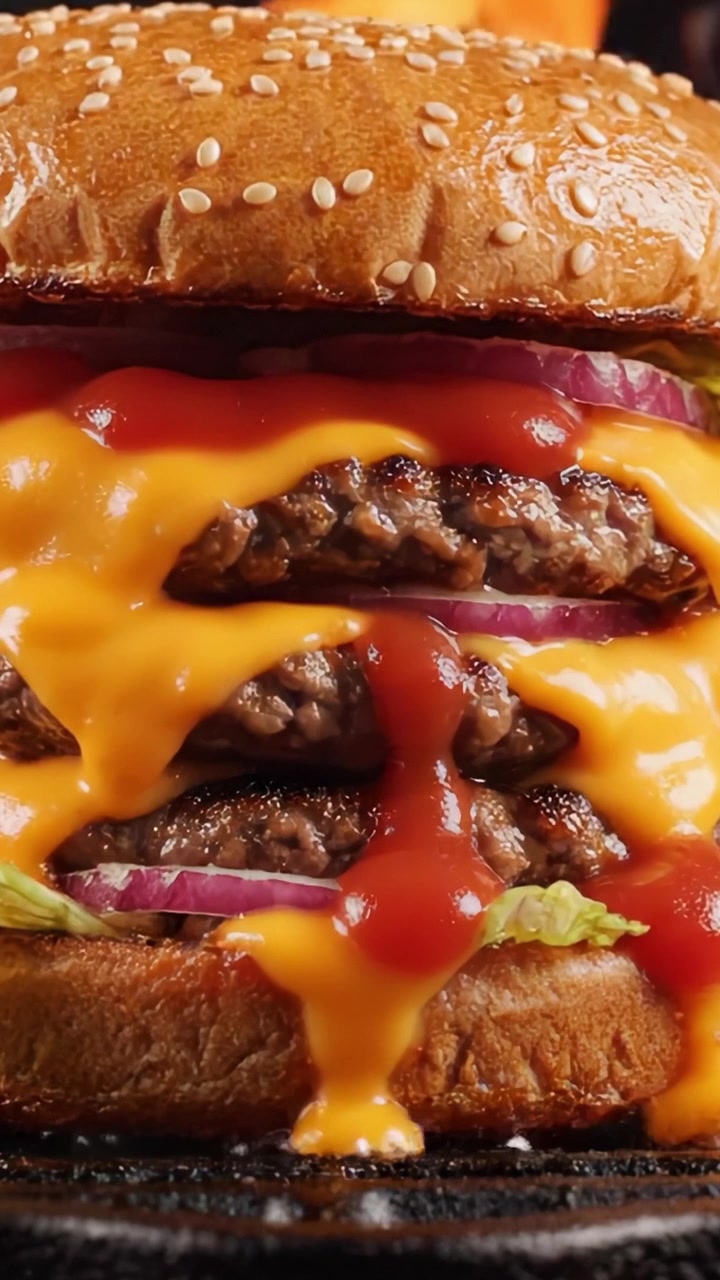 Cheeseburger a Triplo Strato da Acquolina in Bocca: Carne Succosa, Formaggio Fuso e Condimenti Freschi Creano una Delizia Irresistibile da Fast Food.