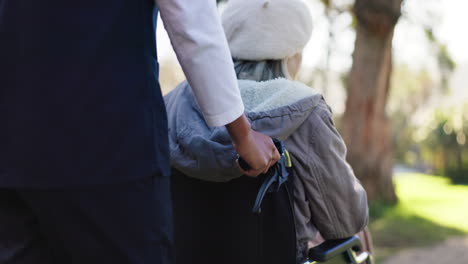caregiver assisting senior woman in wheelchair