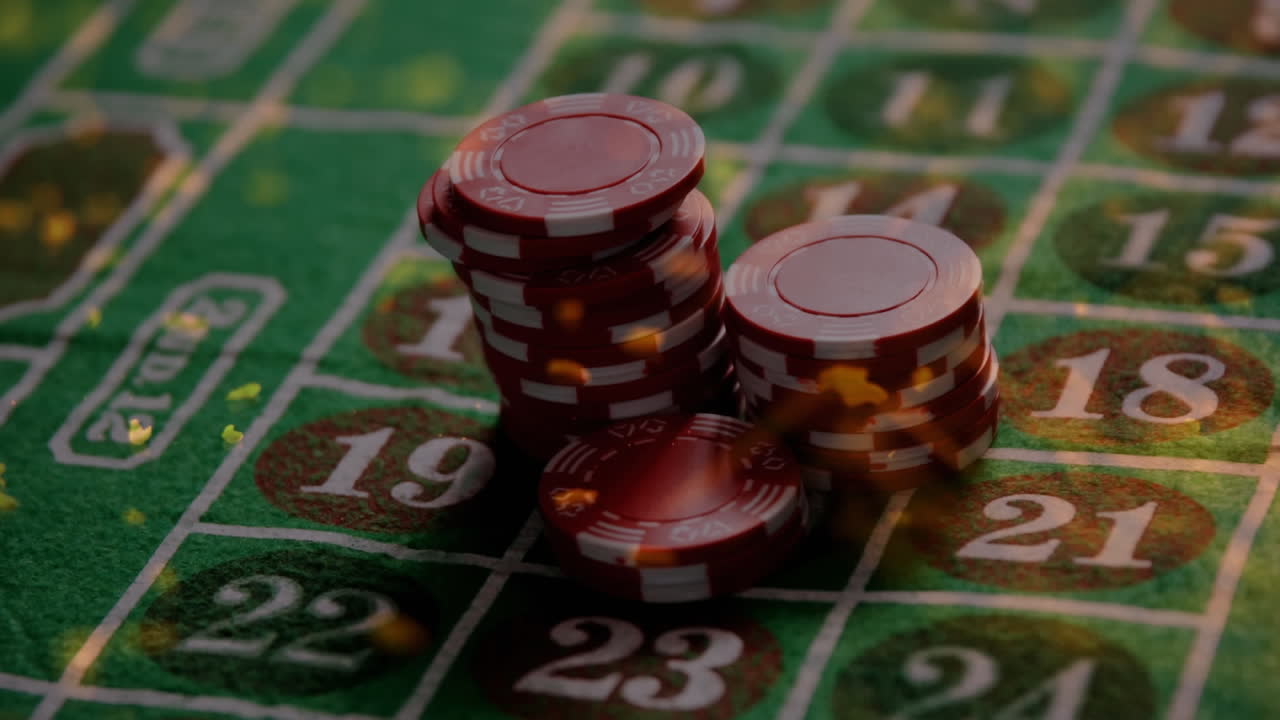 animación de confeti de oro sobre fichas de póquer que caen en la pila en la mesa de juego