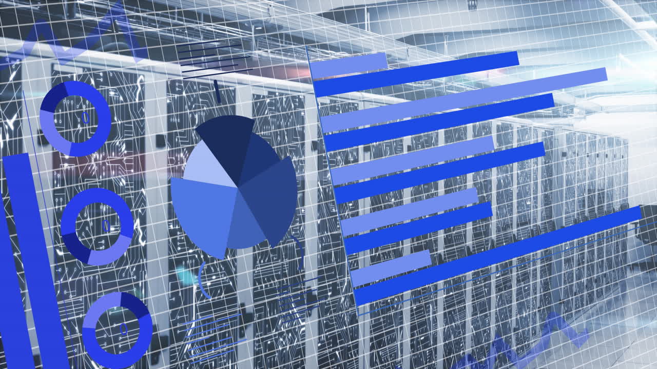 animación del procesamiento de datos estadísticos y punto de luz contra la sala de servidores informáticos