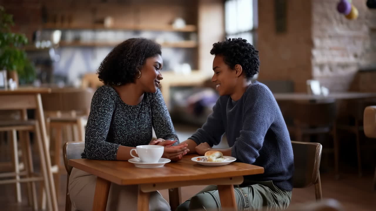 A couple enjoys a conversation over coffee and food at a cafe