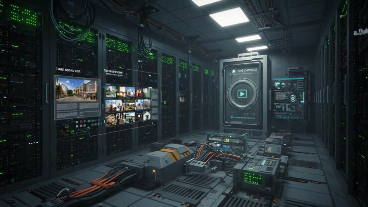 Futuristic Data Center with High-Tech Equipment and Interactive Displays Showcasing Digital Content in an Advanced Server Room Environment