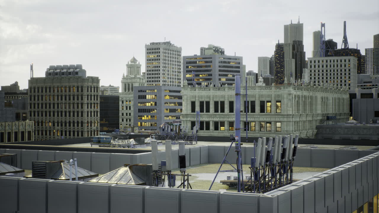 City skyline at dusk showcasing rooftops and modern architecture