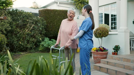 walker, walking and caregiver help senior woman