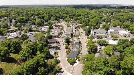 a leisurely drone flight over a small community showing local streets and buildings