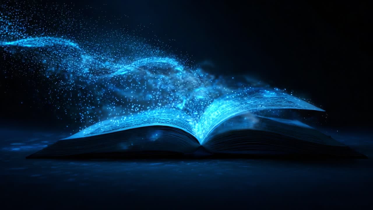 A captivating book floats in mid-air, emanating dazzling streams of blue energy and sparkles, symbolizing the boundless imagination and creativity of storytelling without boundaries