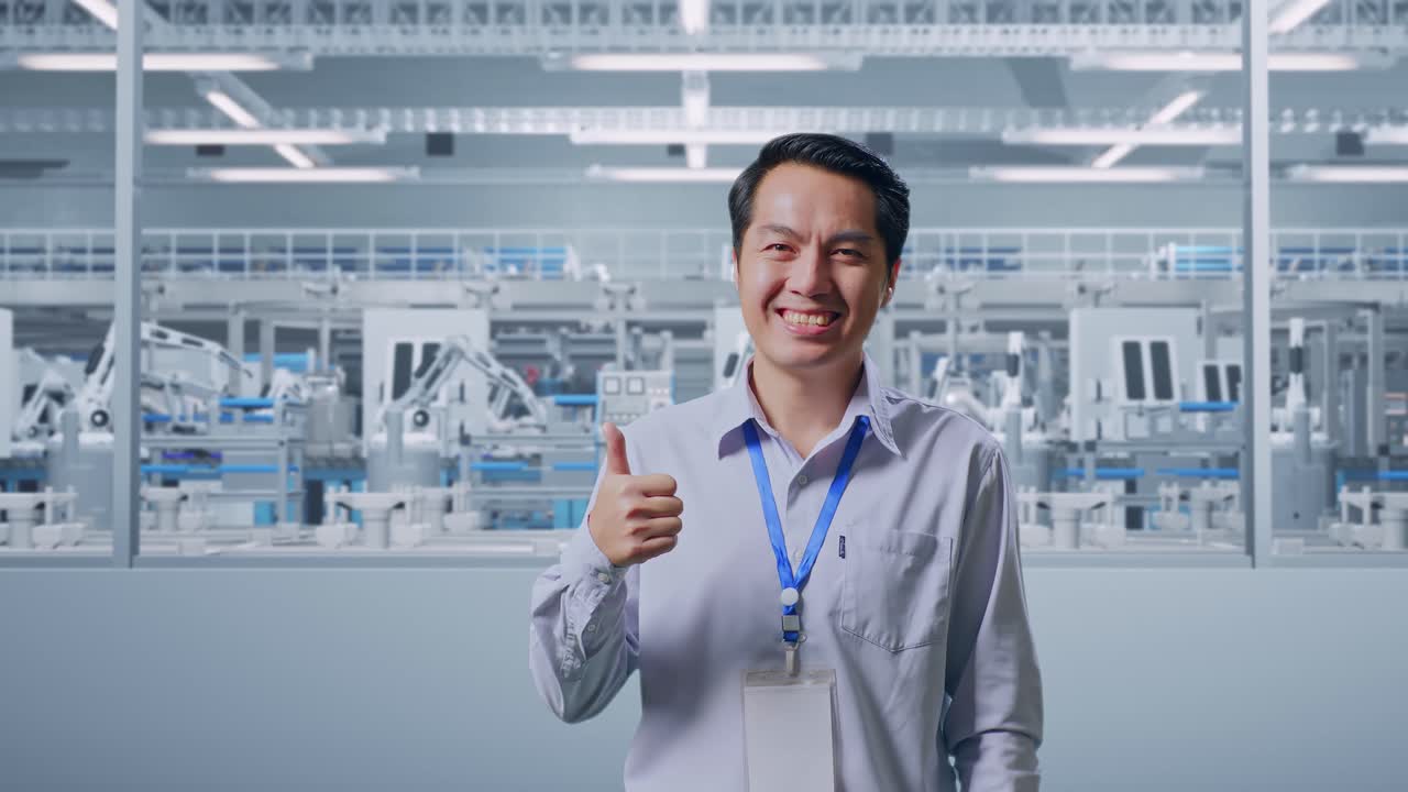 Shot Captures Of An Asian Male Professional Worker Standing At Factory Digitalization, His Broad Smile At The Camera And Thumbs Up
