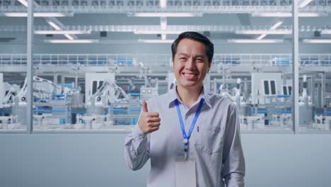 capturas de un trabajador profesional asiático de pie en la digitalización de la fábrica, su amplia sonrisa a la cámara y los pulgares hacia arriba