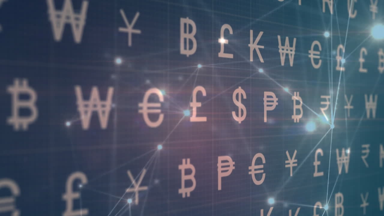 Global currency symbols floating over dark blue grid, forming financial network with flat design