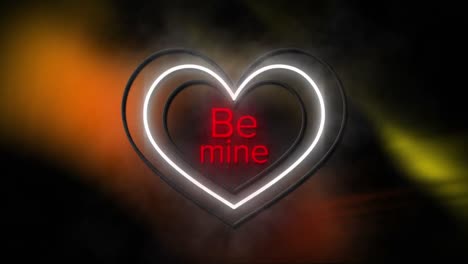 Animation-of-be-mine-in-red-with-white-and-yellow-neon-hearts-flashing-on-black-with-light-blurs