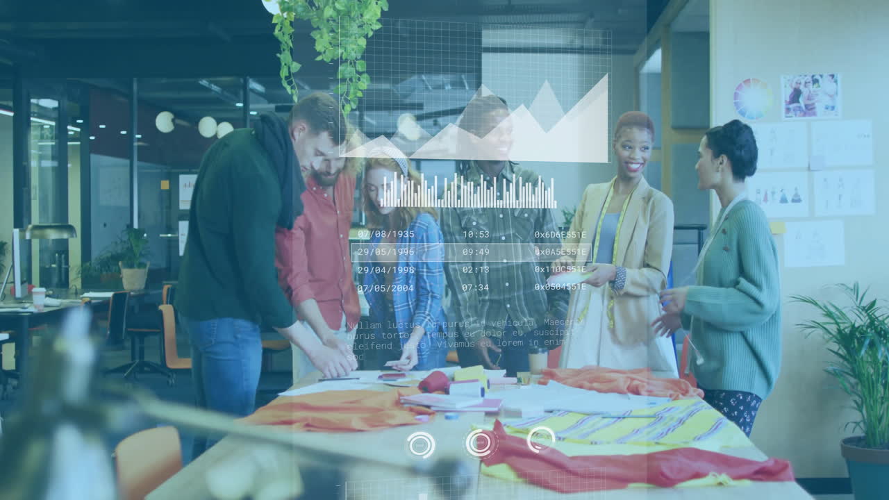 animación de análisis de datos de negocios en un equipo diverso que colabora en una oficina moderna