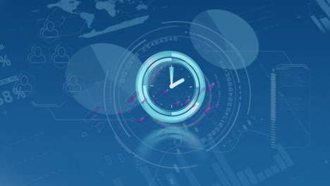 animación de reloj en movimiento sobre líneas púrpuras y procesamiento de datos