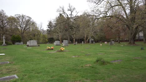 Friedhof-Friedhof-Grabstätte-Weitwinkelaufnahme-Grünes-Laub-Bäume-Grabstelle-Grabsteine-4k