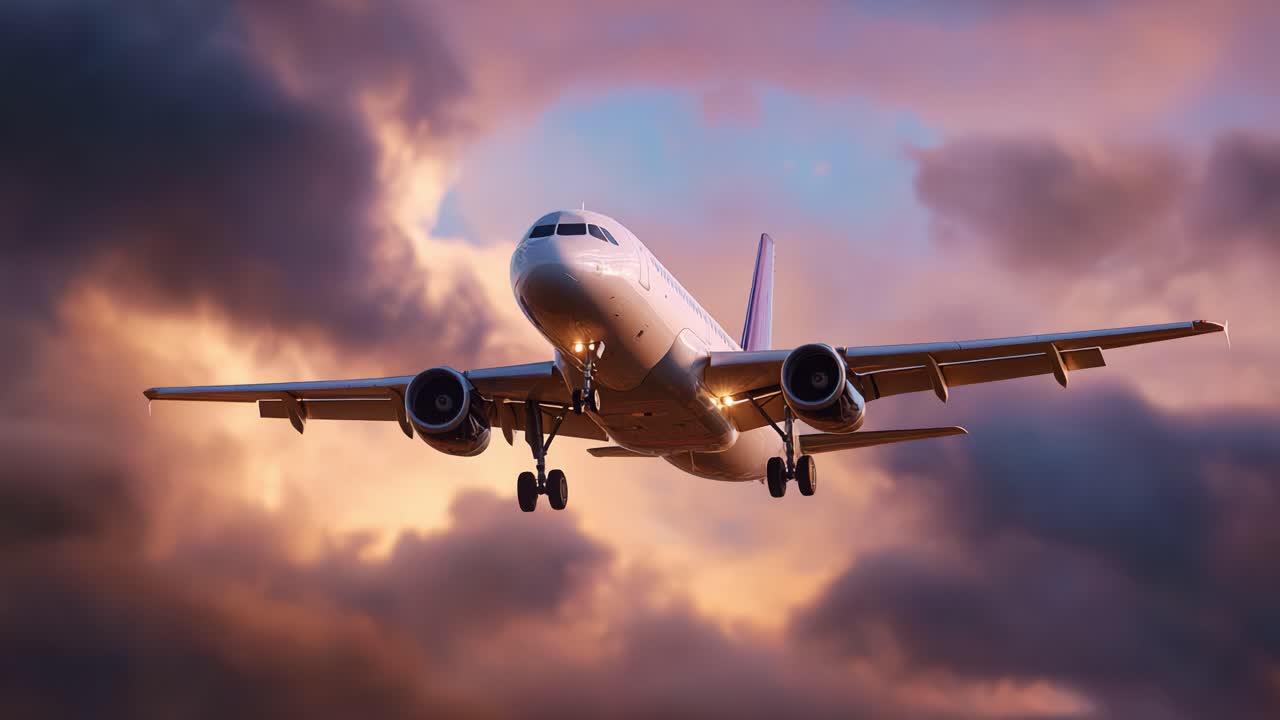Un aereo di linea commerciale si avvicina per l'atterraggio con un cielo al tramonto spettacolare circondato da nuvole dinamiche, catturando l'essenza dell'aviazione in movimento