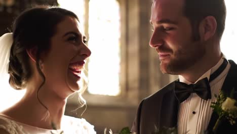 a joyous celebration of love: a beautiful couple's shared laughter during their wedding ceremony, capturing the moment of pure happiness and connection
