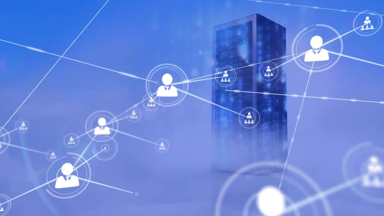 Animation of network of connections with icons over computer server in clouds