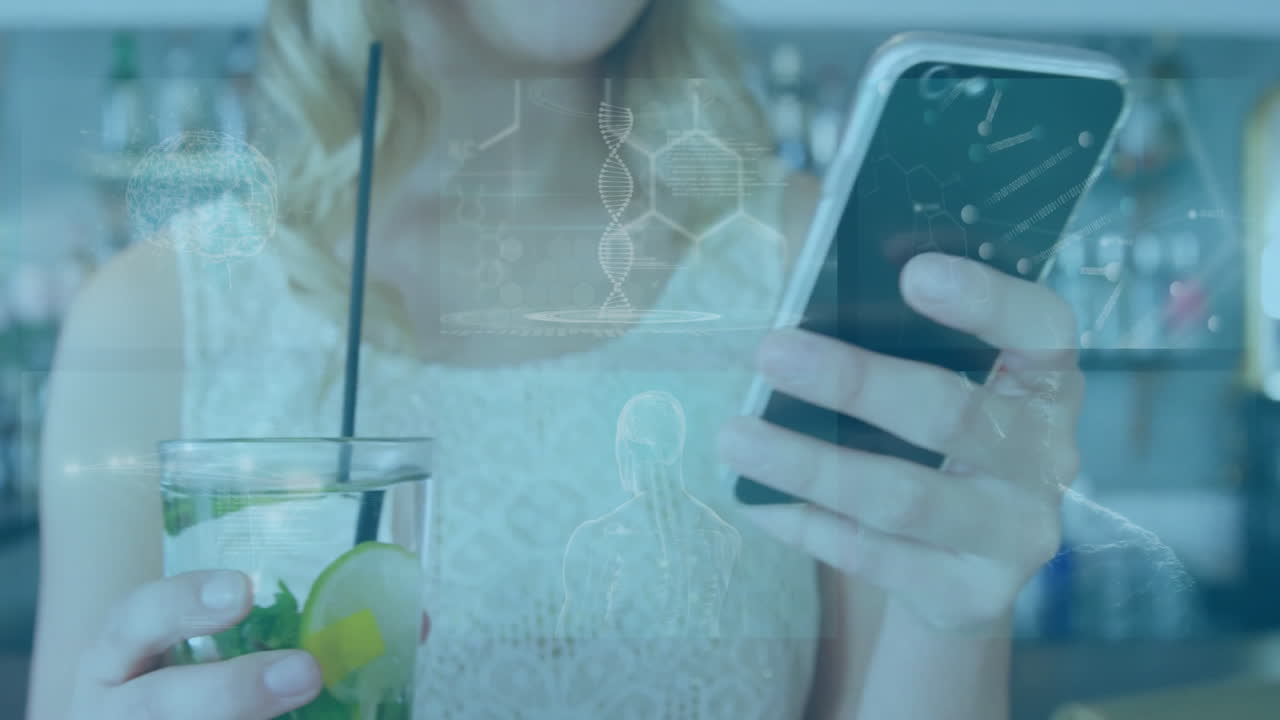 Woman holding smartphone and drink with DNA strand animation overlay
