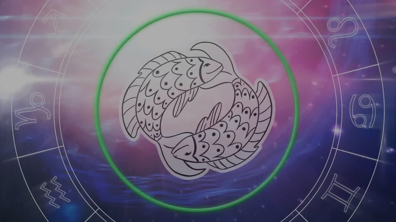 Animation of green scanner over pisces fish symbol and zodiac signs over lights and purple clouds