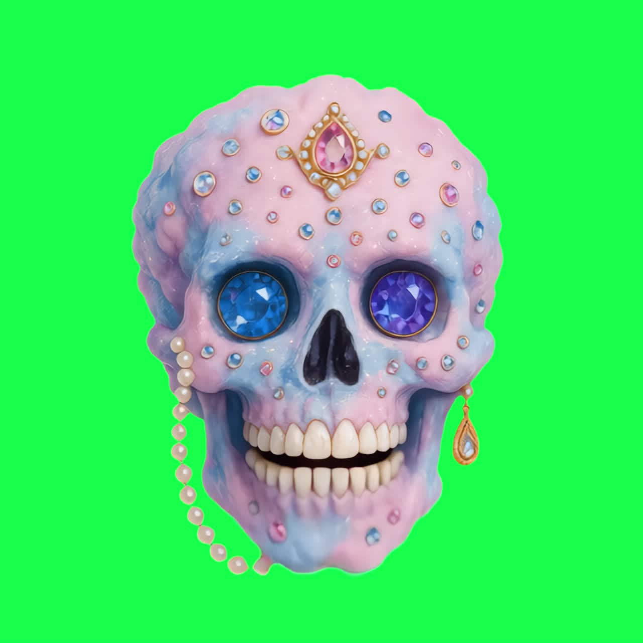 Colorful jeweled skull animation, transparent 4K video, green screen