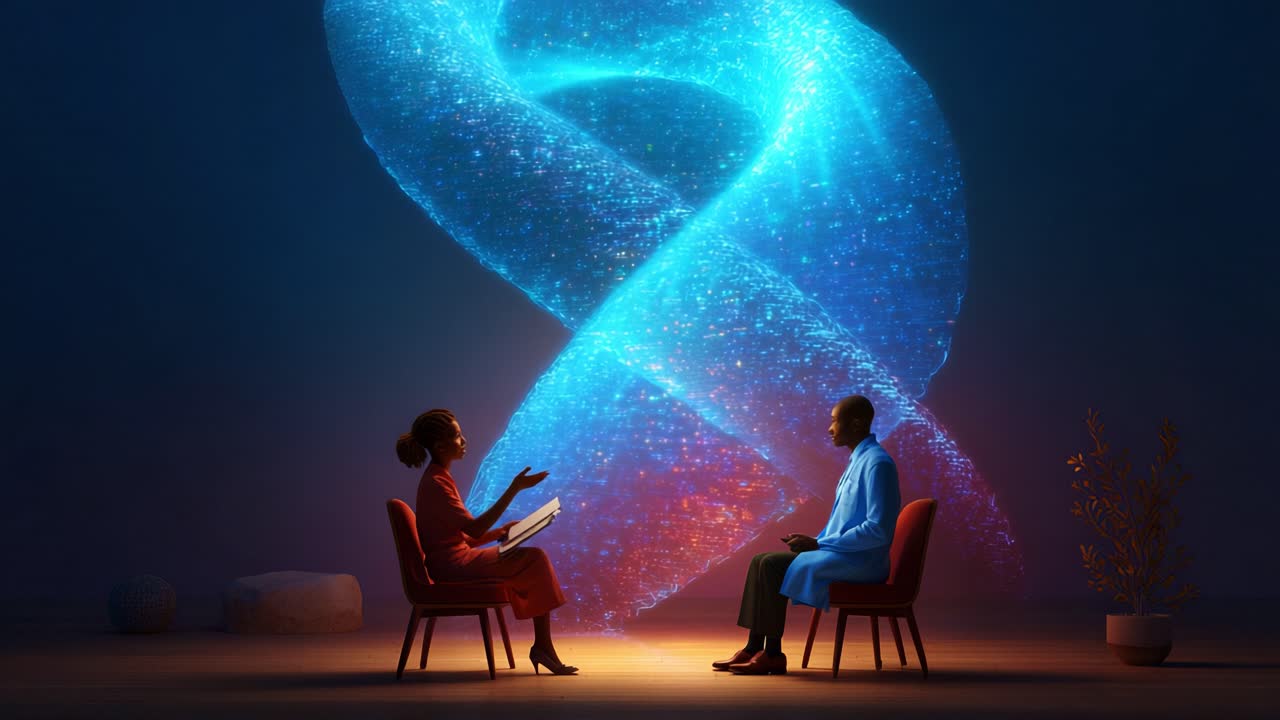A thought-provoking dialogue unfolds as two figures engage in a profound conversation, surrounded by a captivating display of swirling digital energy, embodying the intersection of technology and human interaction