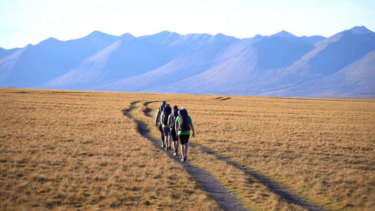 Five backpackers walk away on a sunlit twin-track path through a wide golden plain of dry grass, moving toward layered blue ridges under a clear pale sky