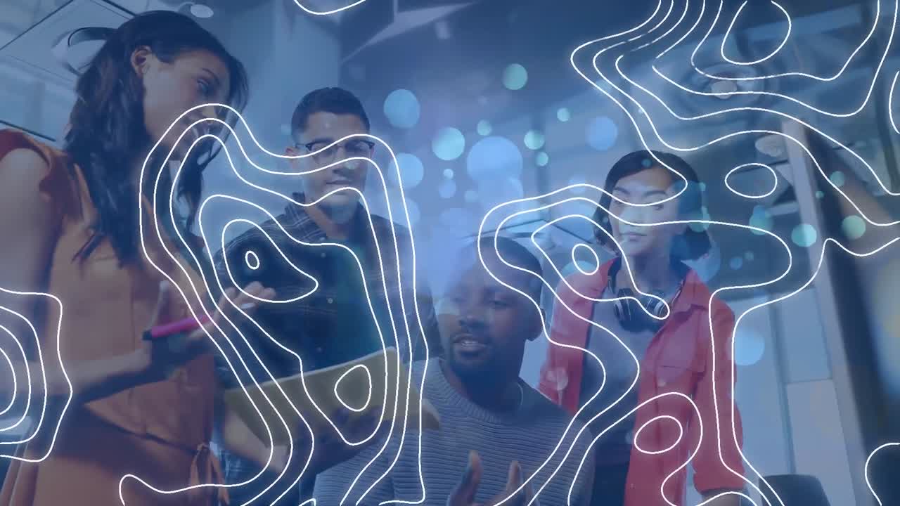 Animation of white map lines over business people working together