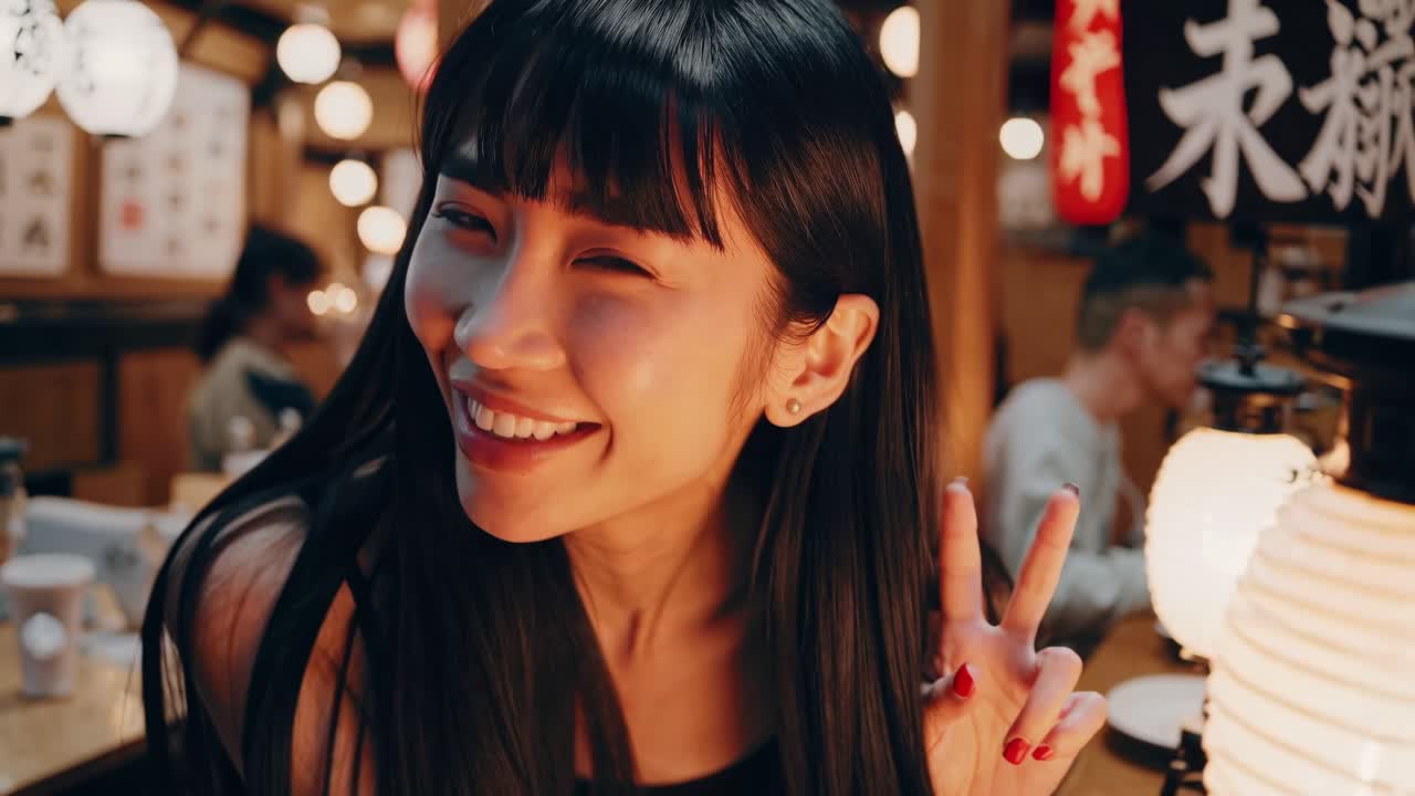 Happy young woman with long black hair making peace sign and winking in a Japanese restaurant with traditional lanterns and kanji signs in the background